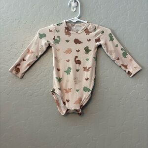 Posh Peanut cream, brown green dinosaur print long sleeve bamboo bodysuit 3-6 mo